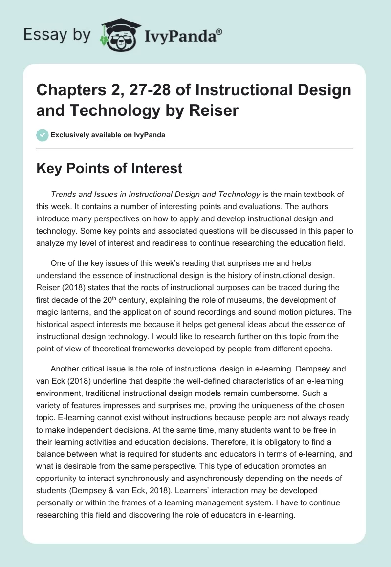 Chapters 2, 27-28 of Instructional Design and Technology by Reiser. Page 1