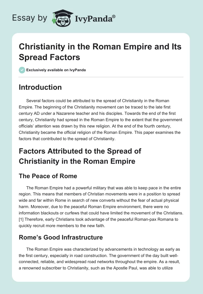 Christianity in the Roman Empire and Its Spread Factors. Page 1