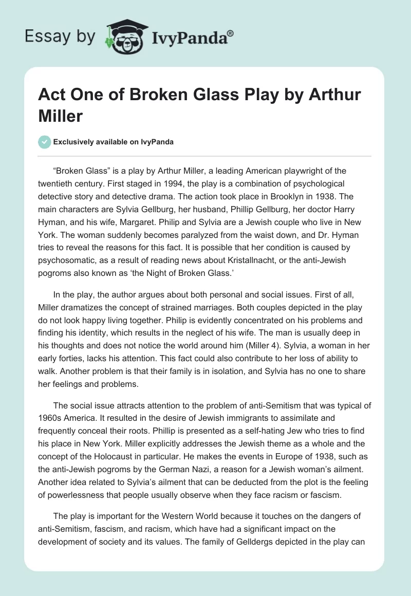 Act One of "Broken Glass" Play by Arthur Miller. Page 1