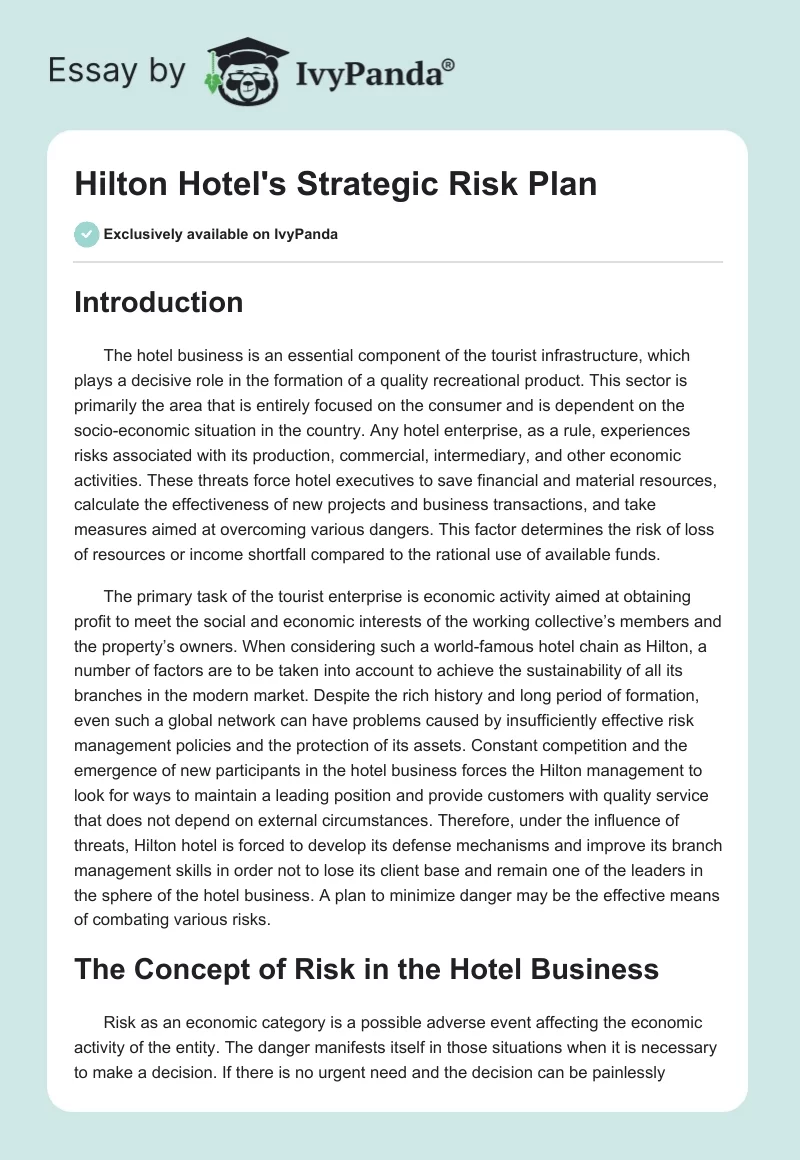 Hilton Hotel's Strategic Risk Plan. Page 1