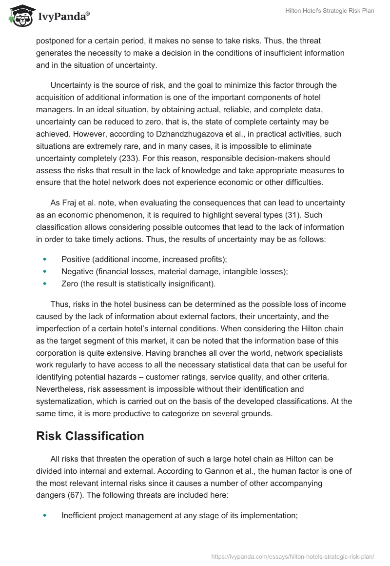 Hilton Hotel's Strategic Risk Plan. Page 2