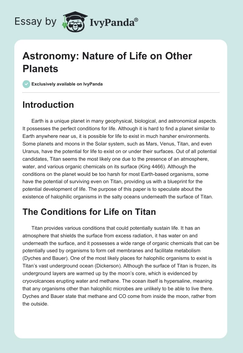 Astronomy: Nature of Life on Other Planets. Page 1