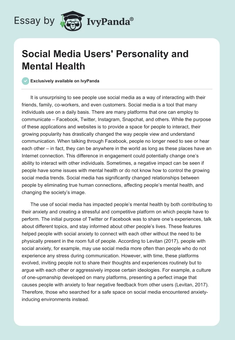Social Media Users’ Personality and Mental Health. Page 1