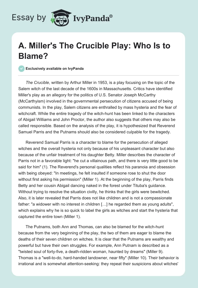 A. Miller's "The Crucible" Play: Who Is to Blame?. Page 1