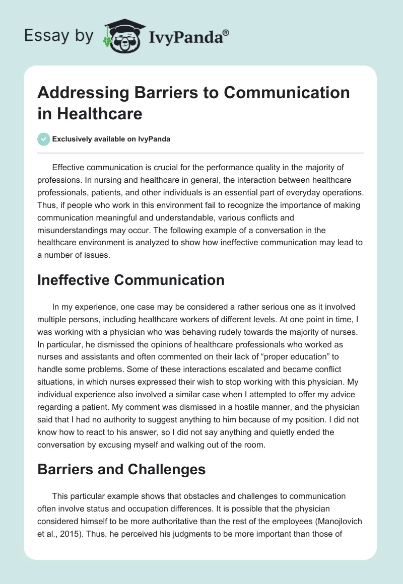 Addressing Barriers to Communication in Healthcare. Page 1