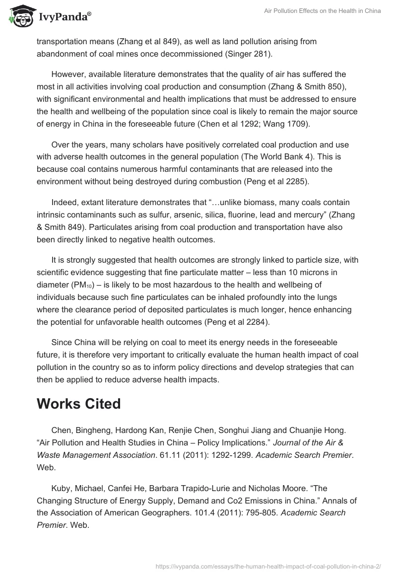 Air Pollution Effects on the Health in China. Page 2