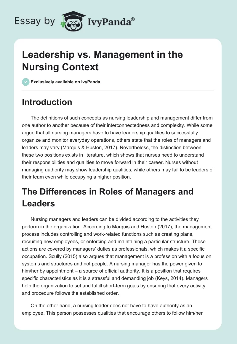 Leadership vs. Management in the Nursing Context. Page 1