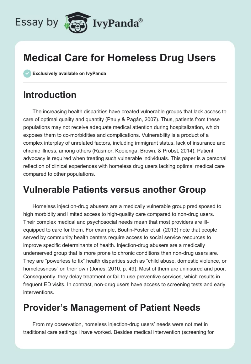 Medical Care for Homeless Drug Users. Page 1