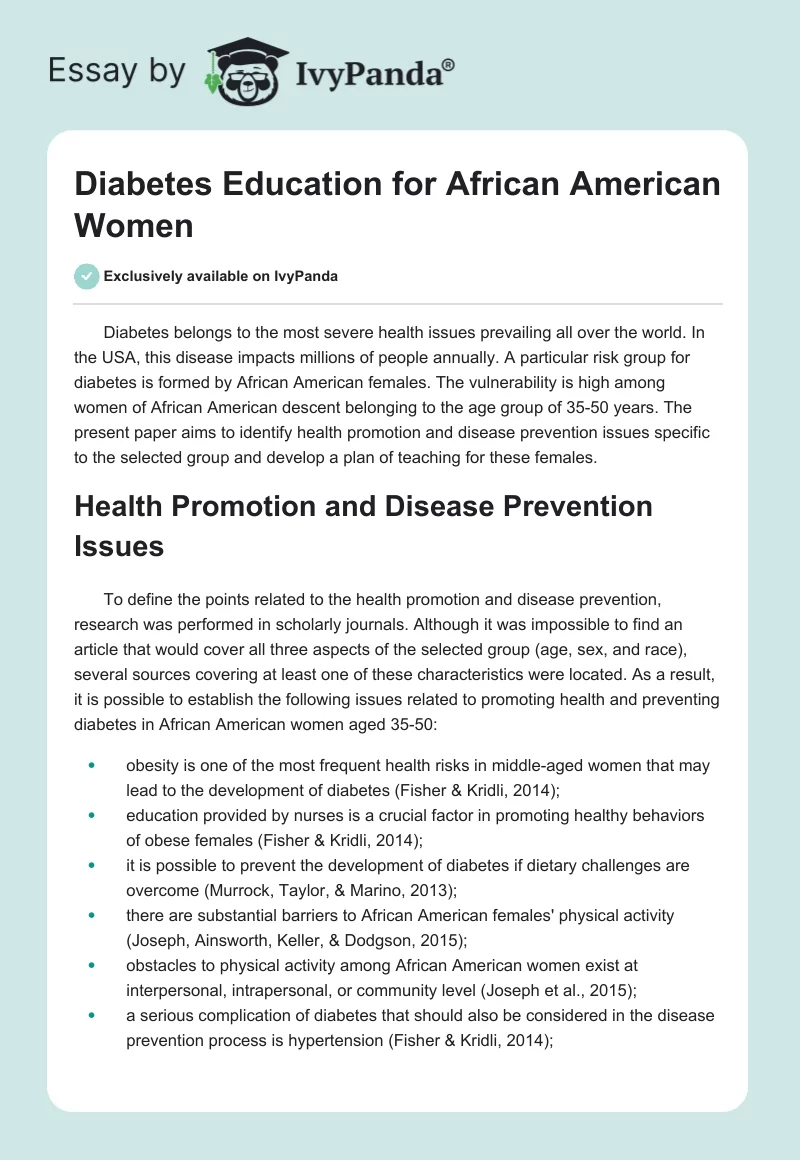 Diabetes Education for African American Women. Page 1