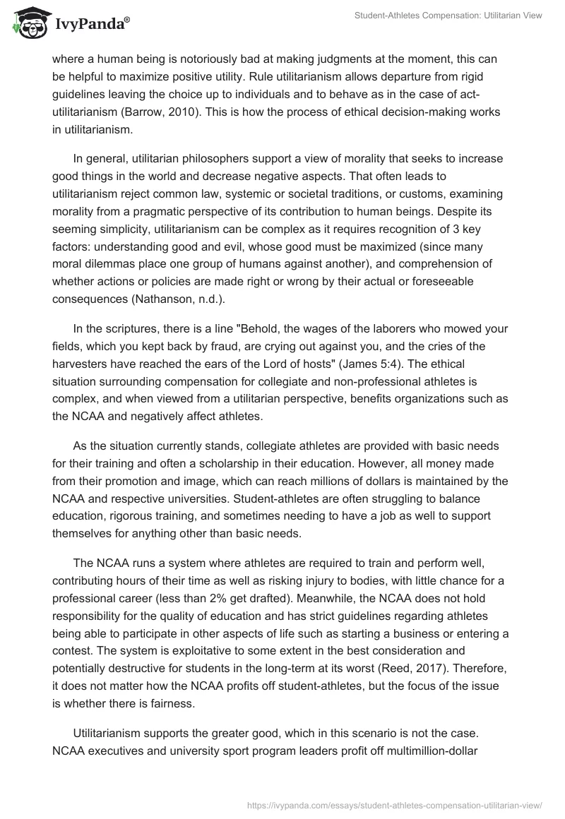 Student-Athletes Compensation: Utilitarian View. Page 2