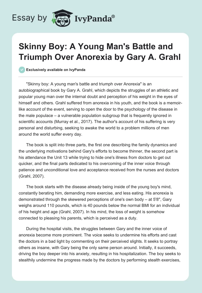 "Skinny Boy: A Young Man's Battle and Triumph Over Anorexia" by Gary A. Grahl. Page 1