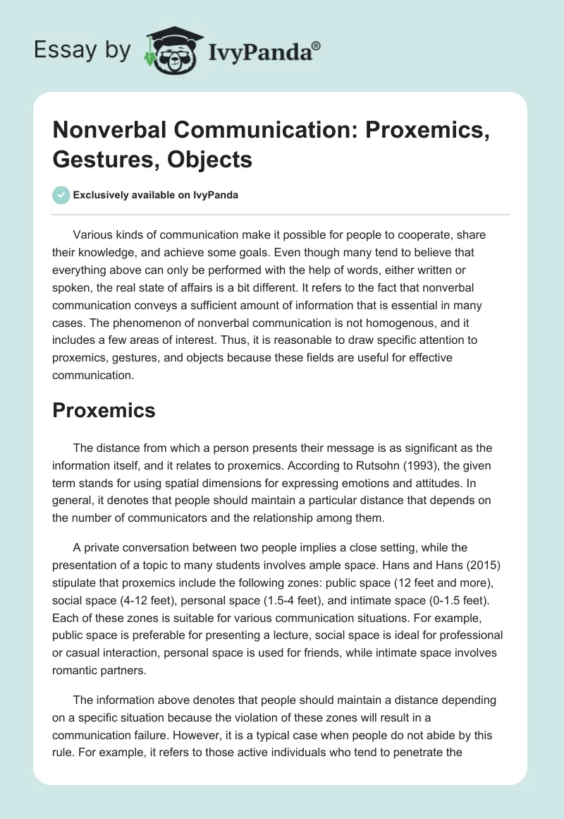 Nonverbal Communication: Proxemics, Gestures, Objects. Page 1