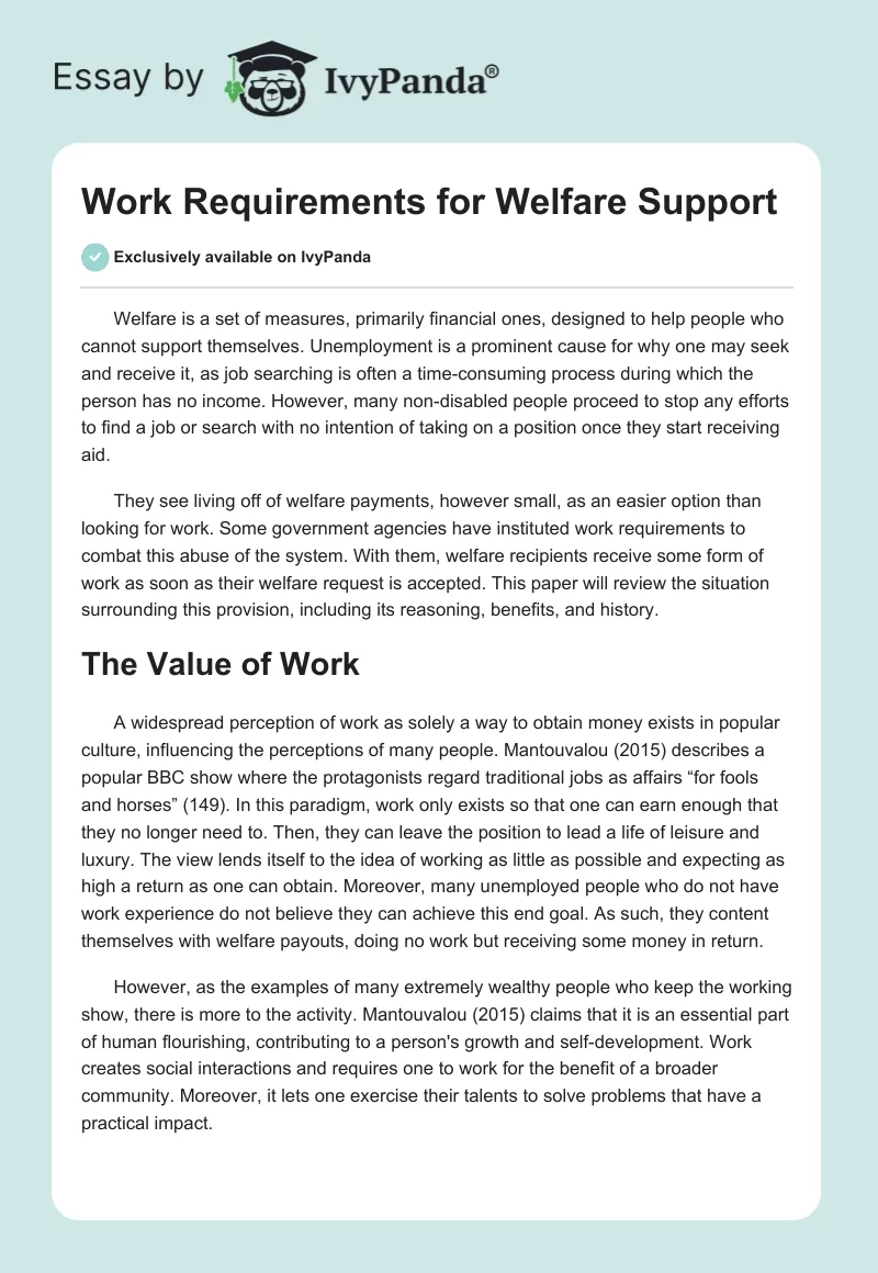 Work Requirements for Welfare Support. Page 1