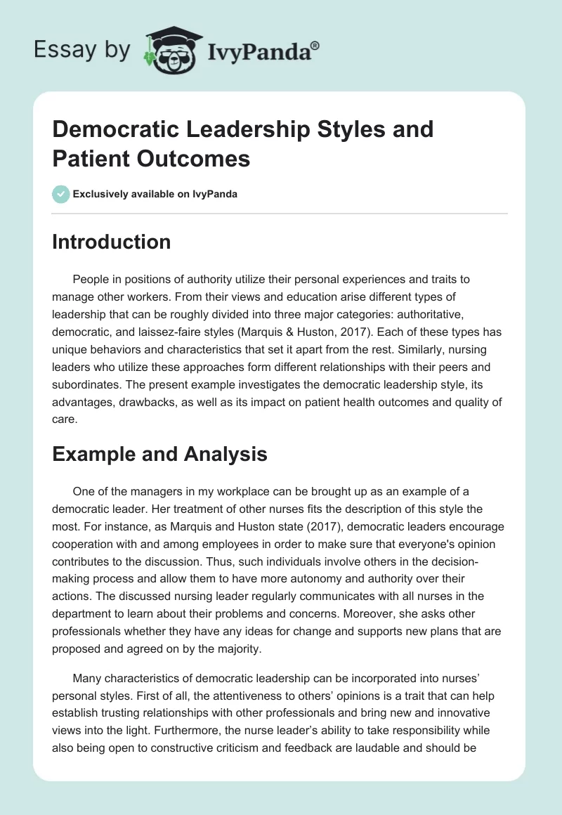 Democratic Leadership Styles and Patient Outcomes. Page 1