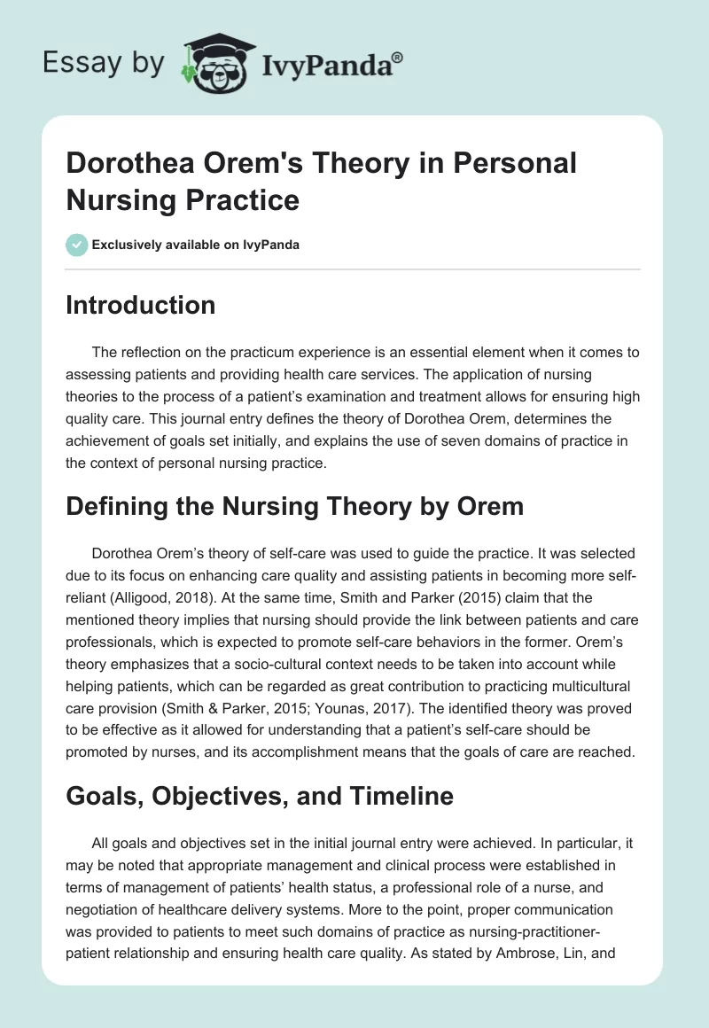 Dorothea Orem's Theory in Personal Nursing Practice. Page 1