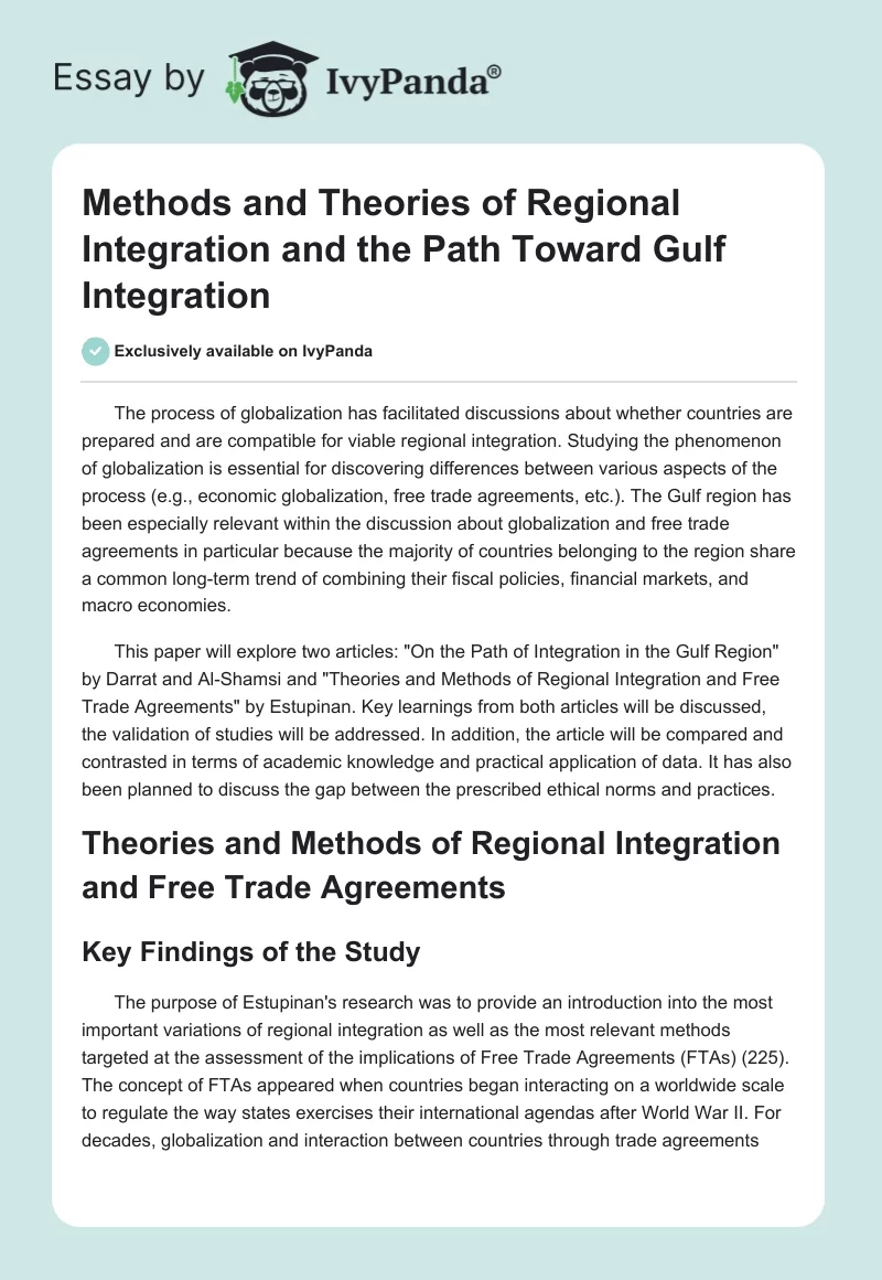 Methods and Theories of Regional Integration and the Path Toward Gulf Integration. Page 1
