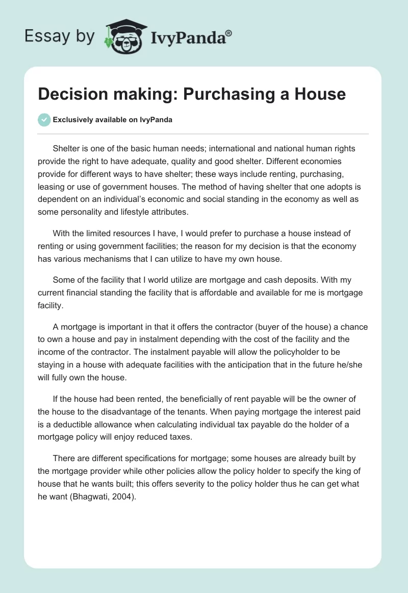 Decision making: Purchasing a House. Page 1
