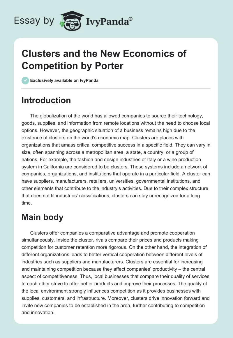 "Clusters and the New Economics of Competition" by Porter. Page 1