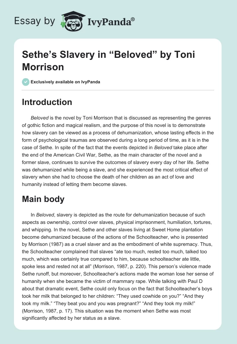 Sethe’s Slavery in “Beloved” by Toni Morrison. Page 1