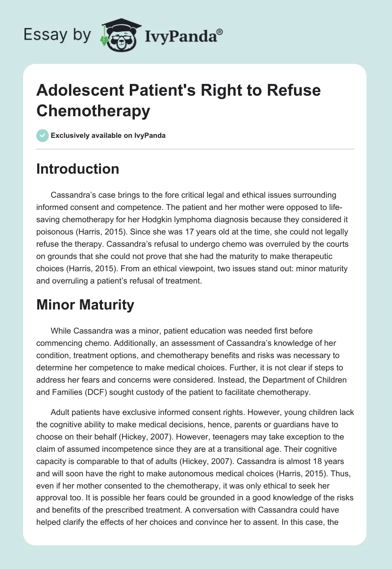 Adolescent Patient's Right to Refuse Chemotherapy. Page 1