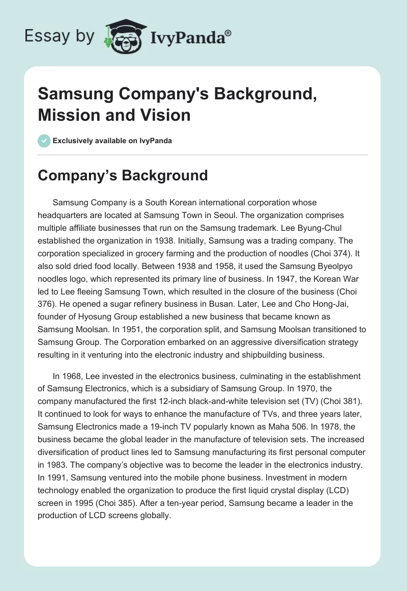 Samsung Company's Background, Mission and Vision. Page 1