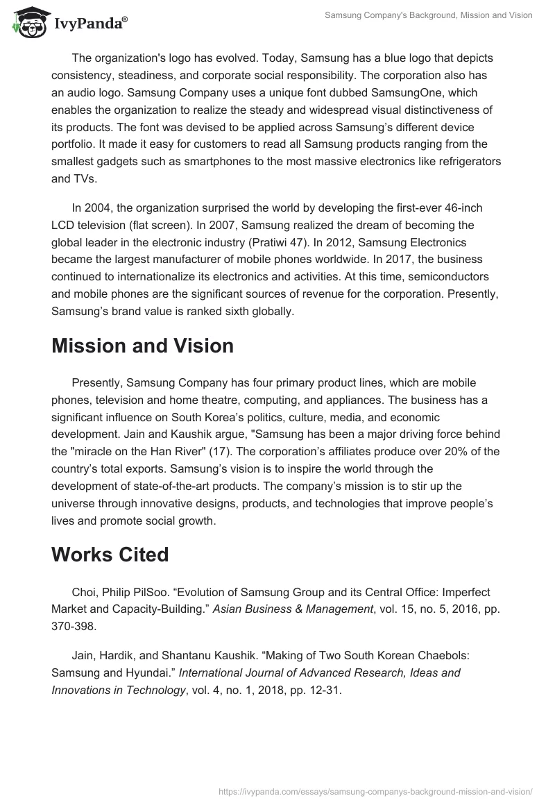Samsung Company's Background, Mission and Vision. Page 2