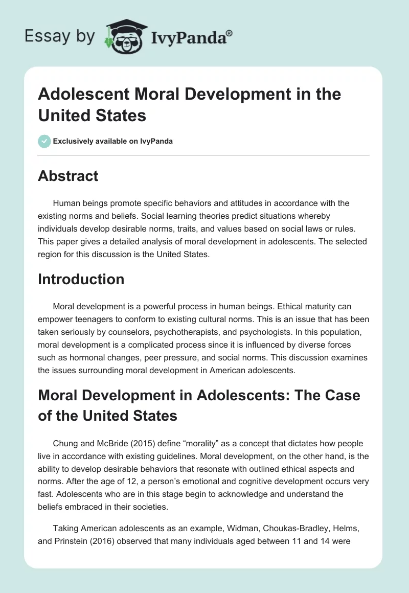 Adolescent Moral Development in the United States. Page 1