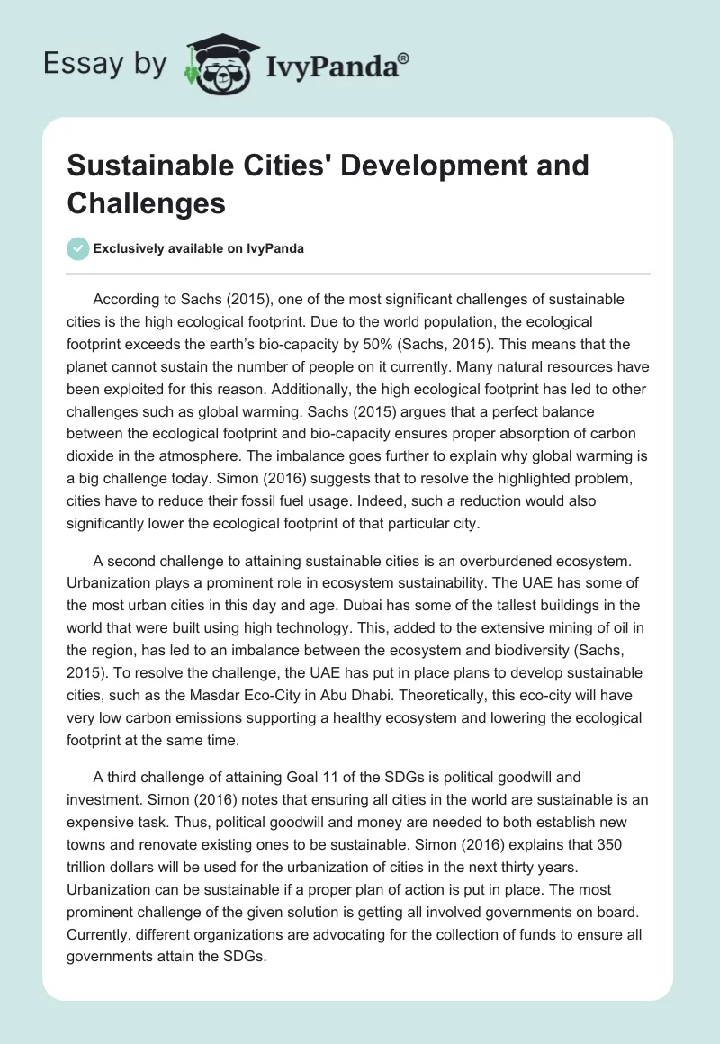 Sustainable Cities' Development and Challenges. Page 1