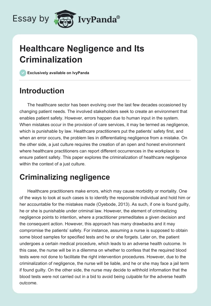 Healthcare Negligence and Its Criminalization. Page 1