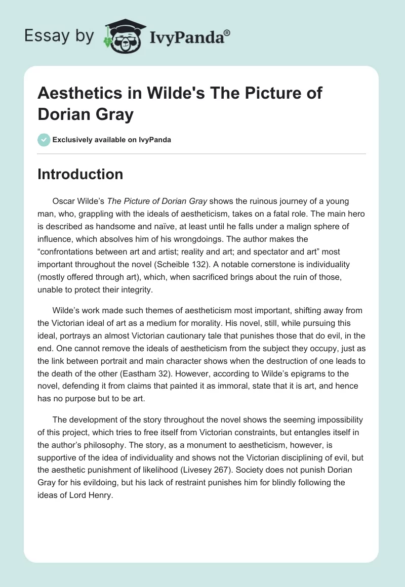 Aesthetics in Wilde's "The Picture of Dorian Gray". Page 1