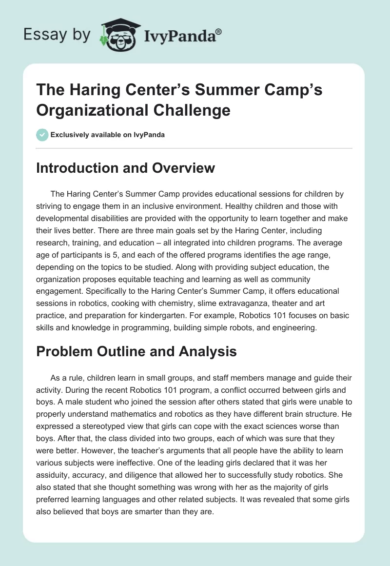 The Haring Center’s Summer Camp’s Organizational Challenge. Page 1
