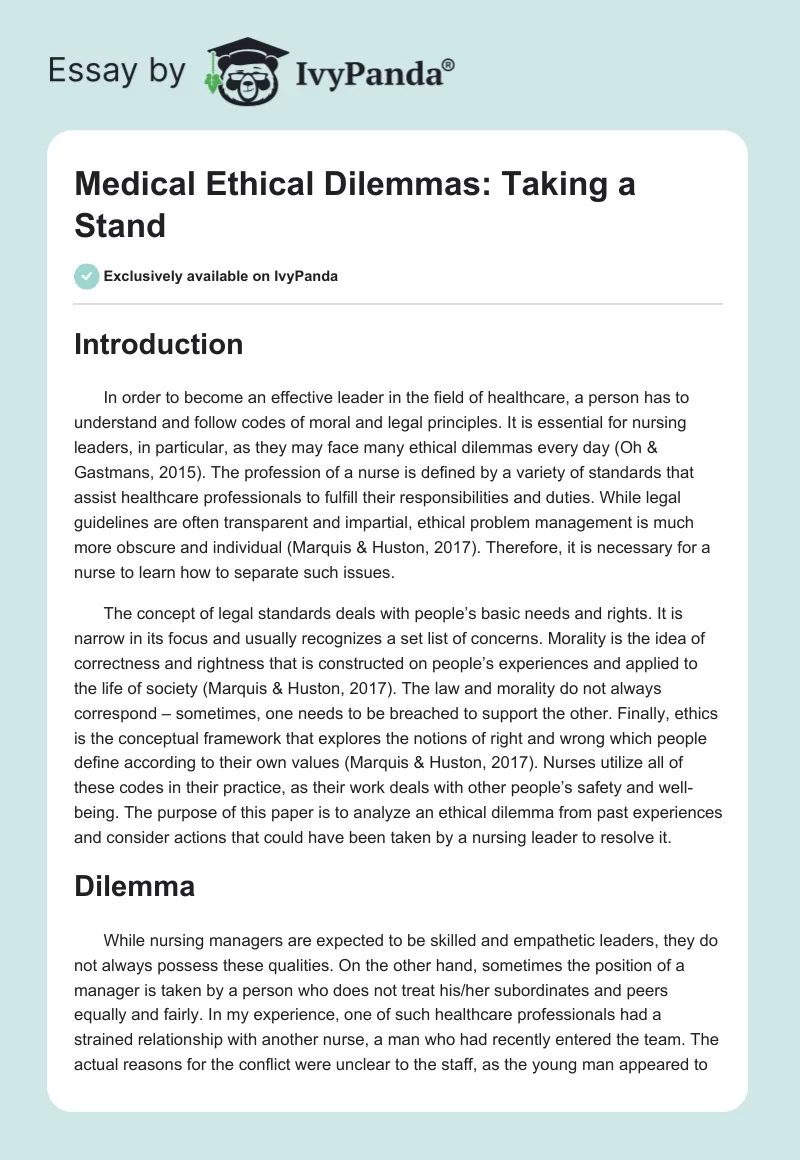 Medical Ethical Dilemmas: Taking a Stand. Page 1