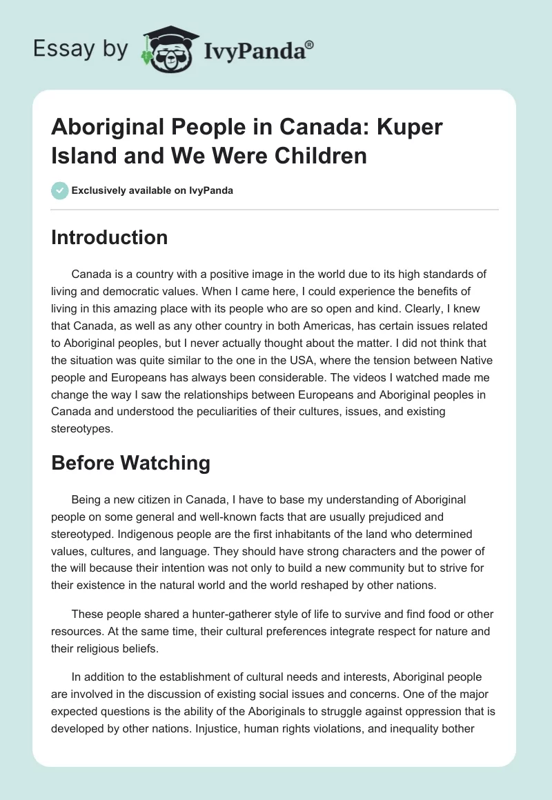 Aboriginal People in Canada: Kuper Island and We Were Children. Page 1