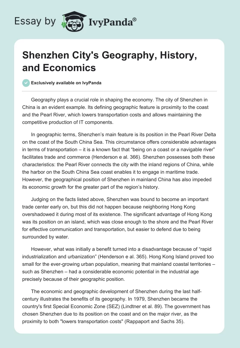 Shenzhen City's Geography, History, and Economics. Page 1