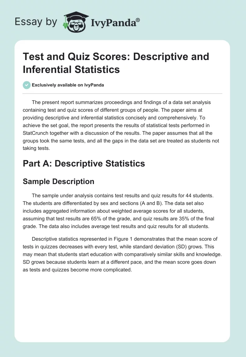 Test and Quiz Scores: Descriptive and Inferential Statistics. Page 1