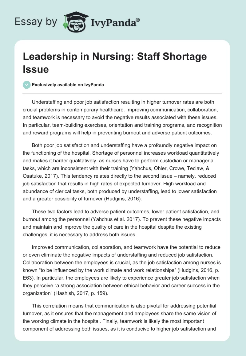 Leadership in Nursing: Staff Shortage Issue. Page 1
