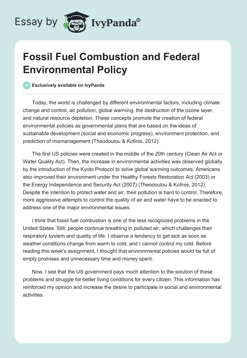 Fossil Fuel Combustion and Federal Environmental Policy. Page 1