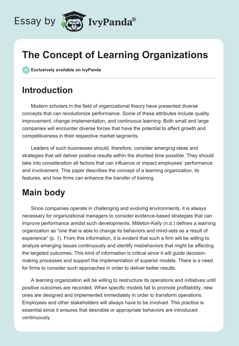 The Concept of Learning Organizations. Page 1