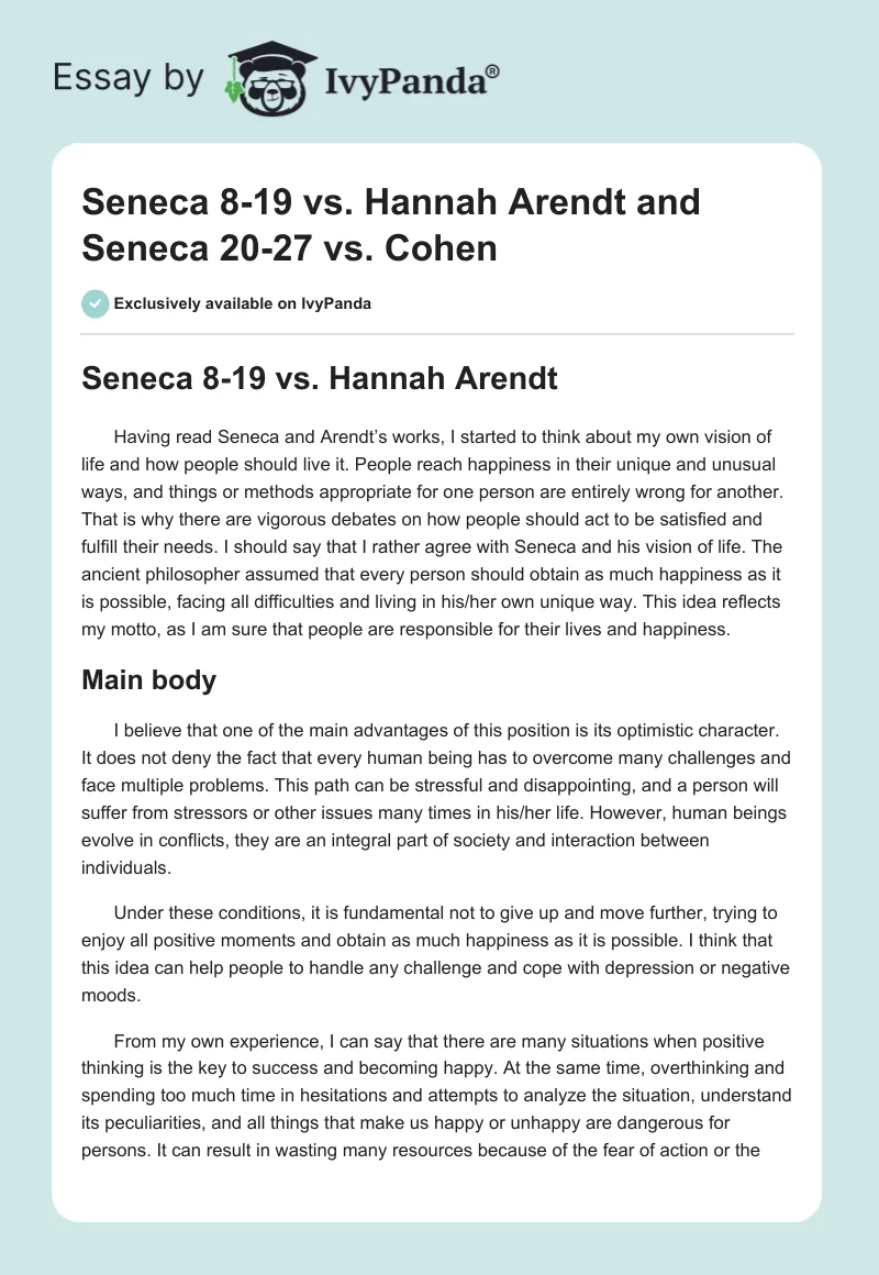 Seneca 8-19 vs. Hannah Arendt and Seneca 20-27 vs. Cohen. Page 1