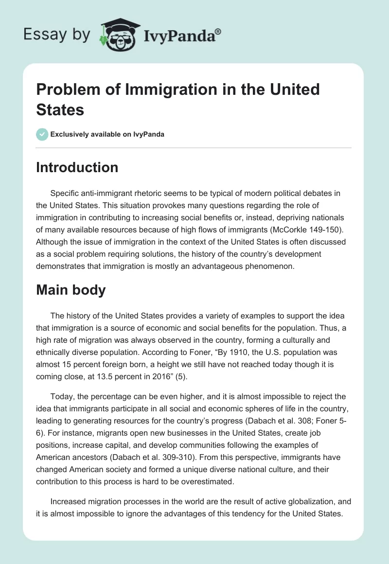 Problem of Immigration in the United States. Page 1