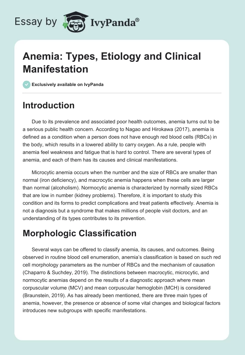 Anemia: Types, Etiology and Clinical Manifestation. Page 1