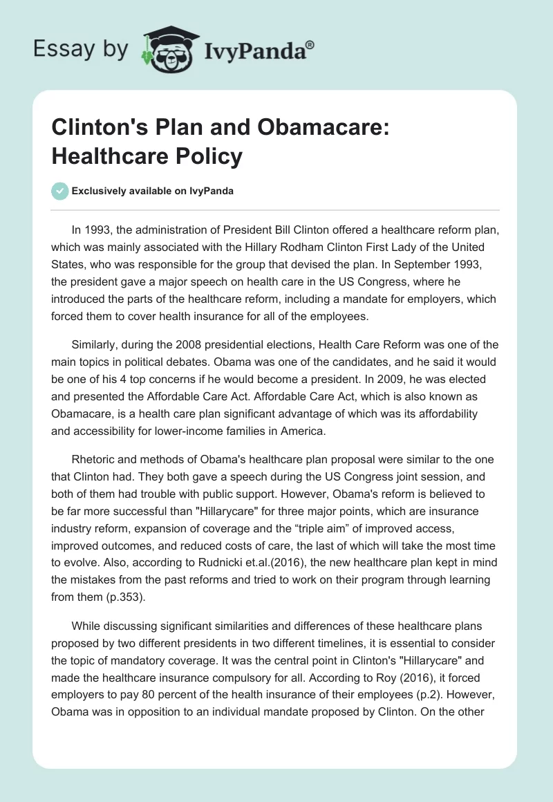 Clinton's Plan and Obamacare: Healthcare Policy. Page 1
