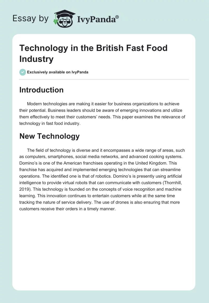 Technology in the British Fast Food Industry. Page 1