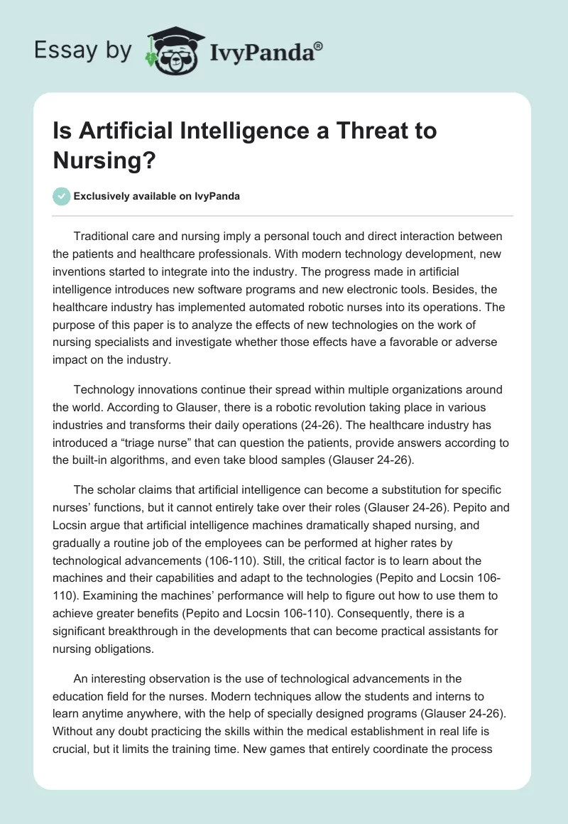 Is Artificial Intelligence a Threat to Nursing?. Page 1