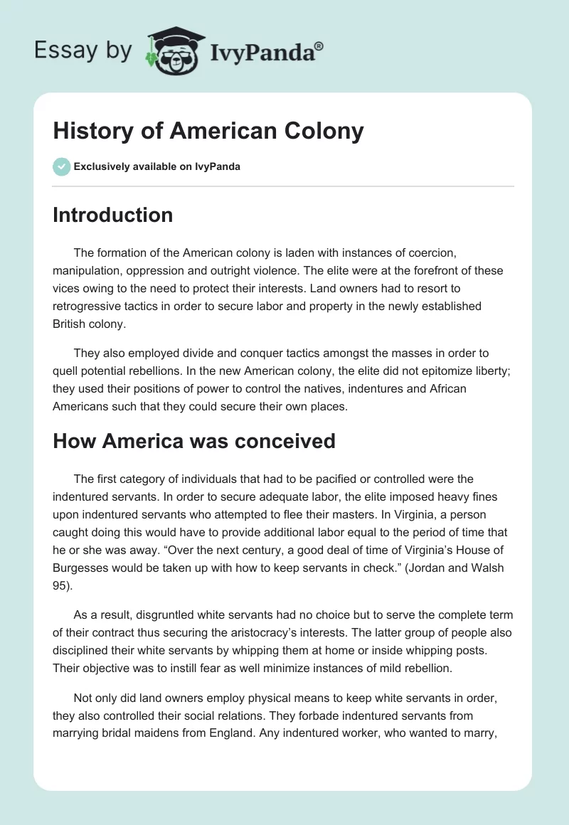 History of American Colony. Page 1