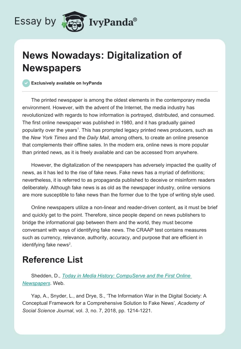 News Nowadays: Digitalization of Newspapers. Page 1