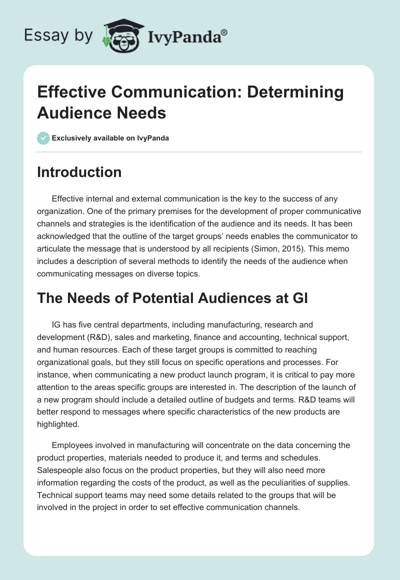 Effective Communication: Determining Audience Needs. Page 1