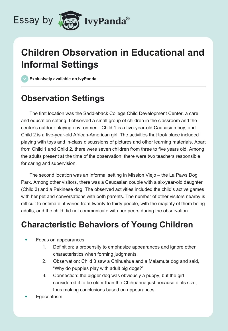 Children Observation in Educational and Informal Settings. Page 1