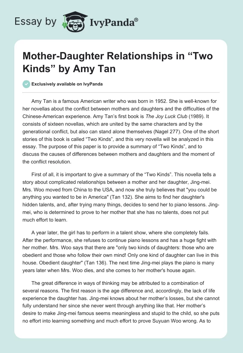 Mother-Daughter Relationships in “Two Kinds” by Amy Tan. Page 1