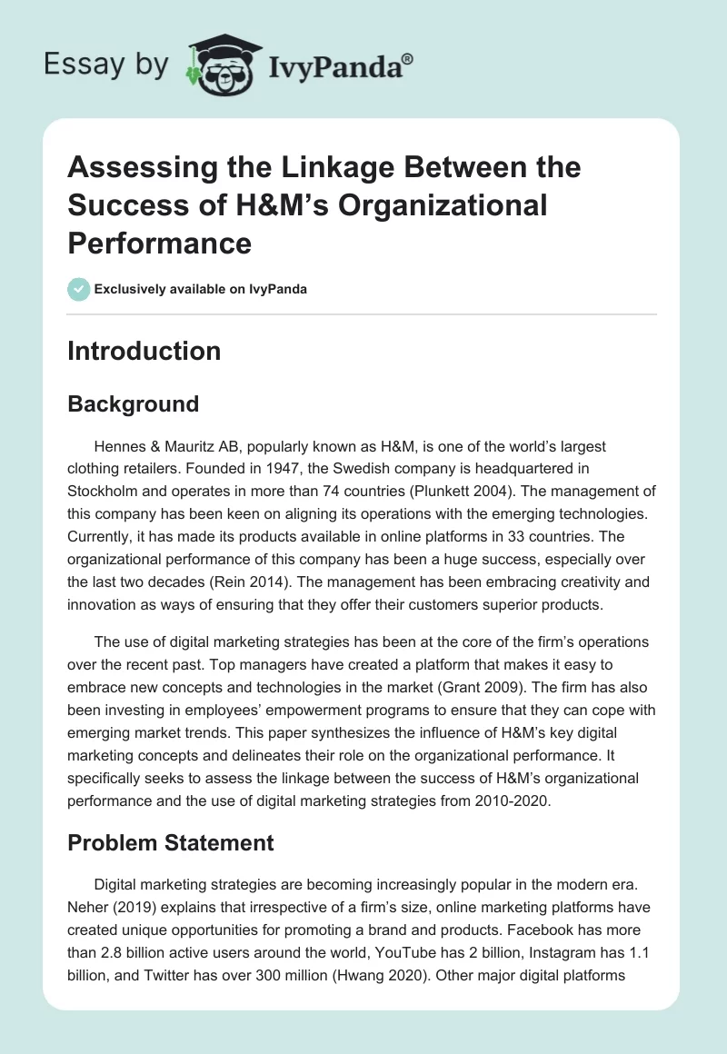 Assessing the Linkage Between the Success of H&M’s Organizational Performance. Page 1